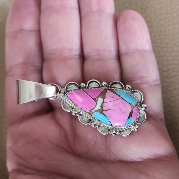 NWOT Native American Navajo Cotton Candy Dahlia Turquoise Pendant  🩷💙🩶🎁 - Picture 6 of 11